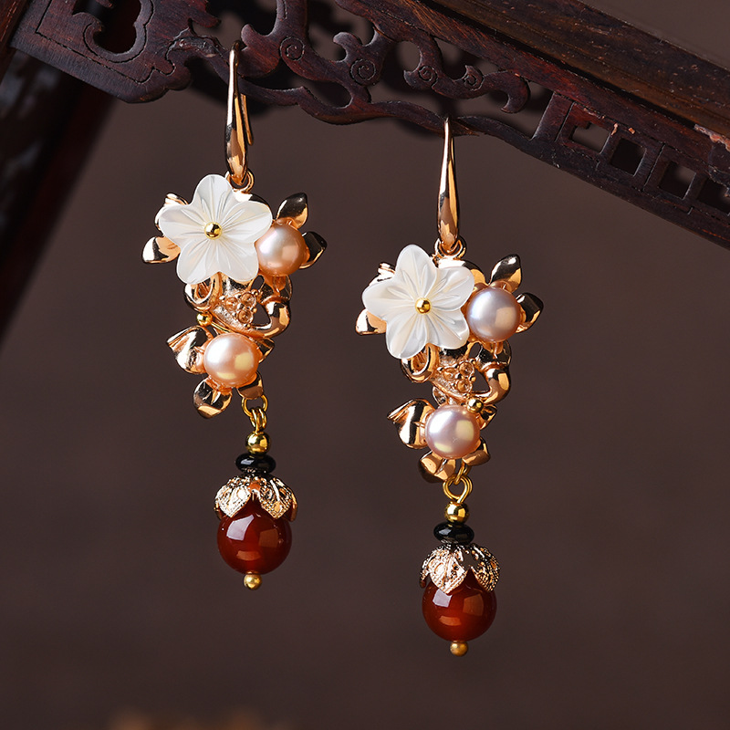 Golden-Toned Pearl and Jade Flower Earrings