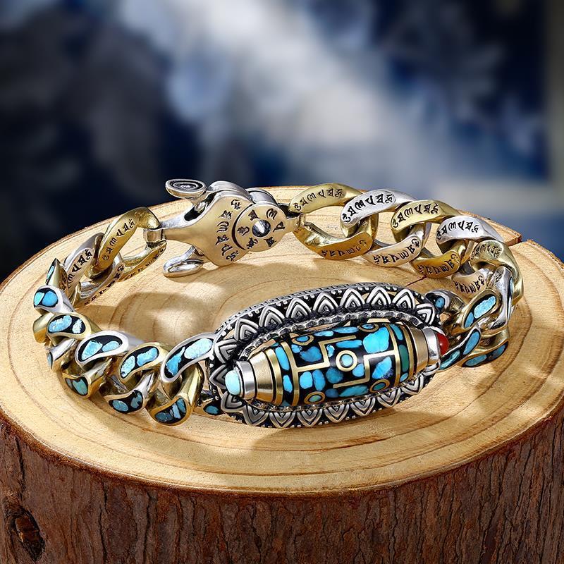 Vintage Alloy Tibetan Character Bracelet with Turquoise, Feng Shui Guardian