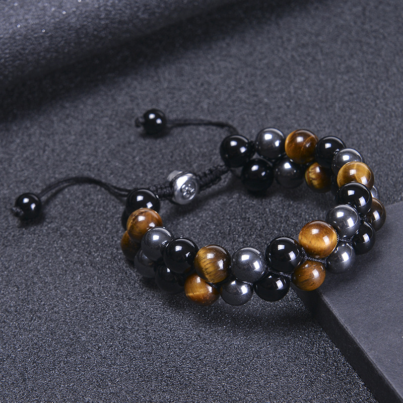 10mm Natural Tiger Eye & Black Onyx Double Layer Bracelet - Hematite Protection Stone Beads for Men