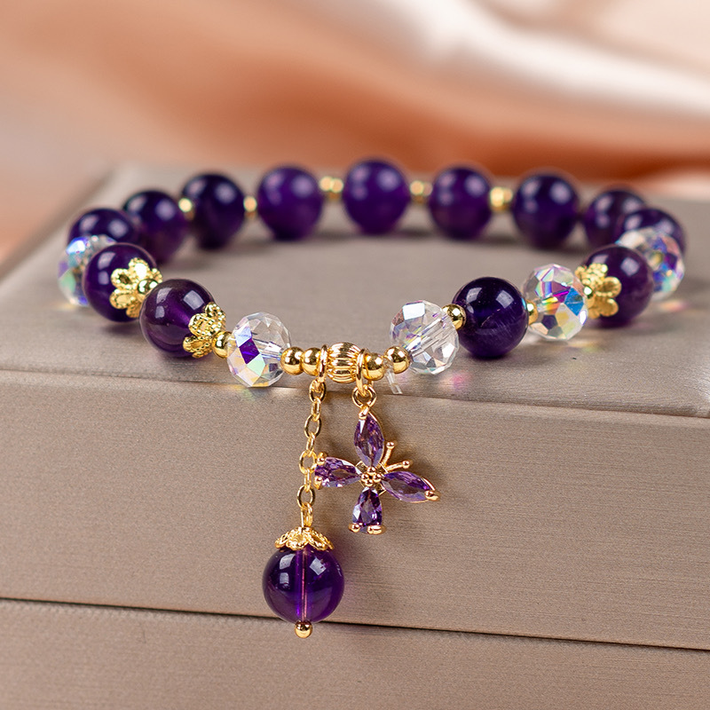 Natural Amethyst Butterfly Charm Bracelet - Healing Crystal Jewelry for Wealth and Peace